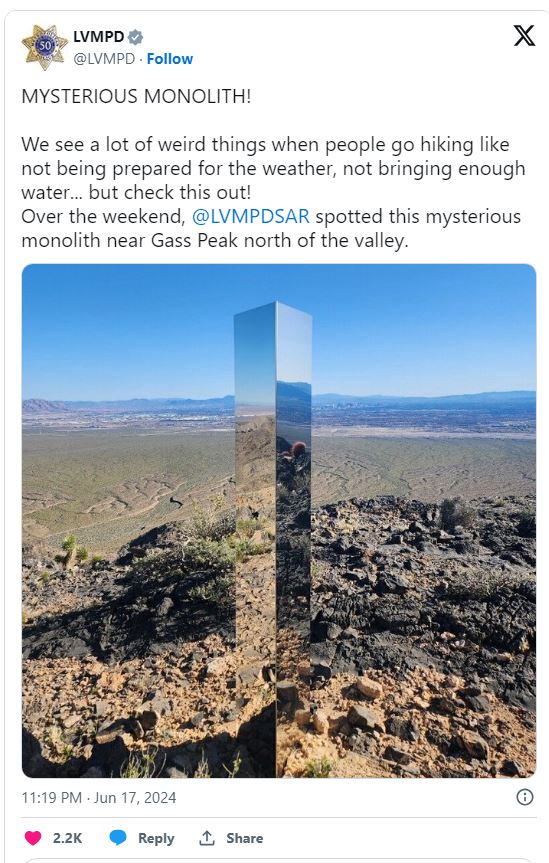 Mysterious monolith discovered in desert near Las Vegas